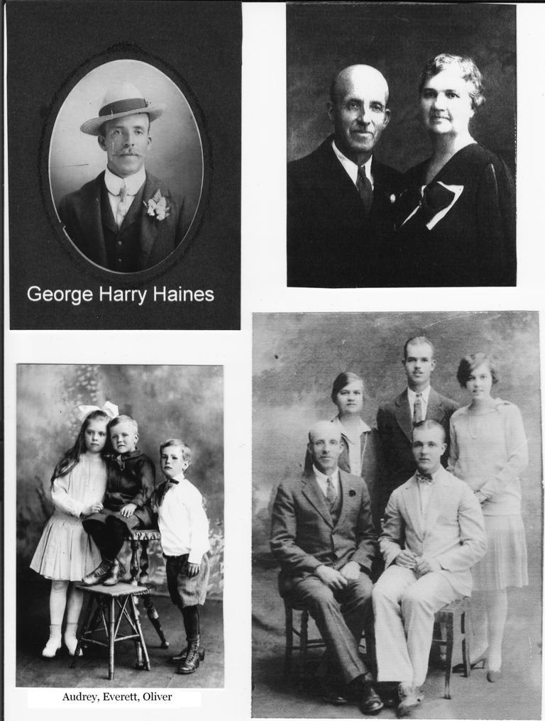 HARRY HAINES FAMILY:  My grandfather, George Harry Haines, born 1877, was the first son of G.W. Haines and Mary Ellen Layman Haines. He and his wife, Agnes Pultz Haines were the parents of Audrey, Oliver and Everett.